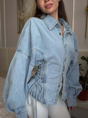 Damen Denim Bluse Tailliert mit Schnürung – Blau