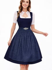 Damen Dirndl Set mit Stehkragenbluse, Taillenapplikation und Rockteil – Blau