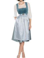 Damen Dirndl Set mit Stehkragenbluse, Taillenapplikation und Rockteil – Hellblau