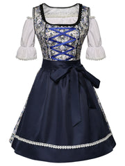 Damen Dirndlkleid-Set mit Schnürmieder, Bluse und weitem Rock – Blau