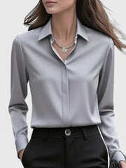 Greta | Damen Elegante Satin Business-Bluse mit verdeckter Knopfleiste – Grau