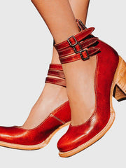 Damen Geschlossene Ankle-Boots mit Seitlichen Ausschnitten, Drei Schnallenriemen und Blockabsatz – Rot