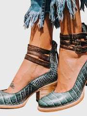 Damen Geschlossene Ankle-Boots mit Seitlichen Ausschnitten, Drei Schnallenriemen und Blockabsatz – Grune Schlange