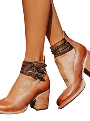 Damen Geschlossene Ankle-Boots mit Seitlichen Ausschnitten, Drei Schnallenriemen und Blockabsatz – Dunkelbraun