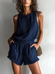 Elfriede | Damen Gestreifter Leinen-Mix Ärmellos Jumpsuit – Marineblau