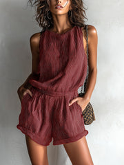 Elfriede | Damen Gestreifter Leinen-Mix Ärmellos Jumpsuit – Rot