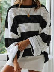 Greta | Damen Gestreifter Oversized Strickpullover Rundhalsausschnitt Langarm – Schwarz