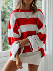 Greta | Damen Gestreifter Oversized Strickpullover Rundhalsausschnitt Langarm – Rot