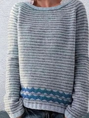Marie | Damen Gestreifter Rundhals Strickpullover mit Wellenmuster – Blau