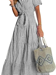 Lena | Damen Gestreiftes Maxi Hemdblusenkleid mit Gürtel und Rüschensaum – Schwarz