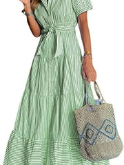 Lena | Damen Gestreiftes Maxi Hemdblusenkleid mit Gürtel und Rüschensaum – Grün