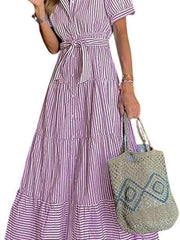 Lena | Damen Gestreiftes Maxi Hemdblusenkleid mit Gürtel und Rüschensaum – Lila
