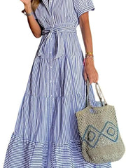 Lena | Damen Gestreiftes Maxi Hemdblusenkleid mit Gürtel und Rüschensaum – Blau