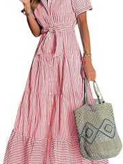 Lena | Damen Gestreiftes Maxi Hemdblusenkleid mit Gürtel und Rüschensaum – Rot