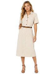 Damen Hemdblusenkleid in Midilänge mit kurzen Ärmeln und Gürtel – Beige