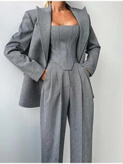 Damen Hosenanzug Set mit Korsett und Blazer – Grau