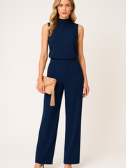 Damen Jumpsuit ärmellos mit Stehkragen und weitem Bein – Marineblau