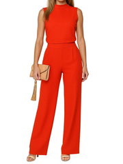 Damen Jumpsuit ärmellos mit Stehkragen und weitem Bein – Rot