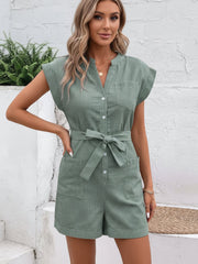 Damen Jumpsuit mit Knopfleiste und Taillenband – Grün