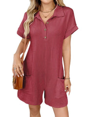 Damen Jumpsuit mit Knopfleiste und Taillenband – Rot