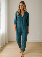 Damen Jumpsuit mit langen Ärmeln, Knopfleiste, Kragen und Brusttaschen – Blau