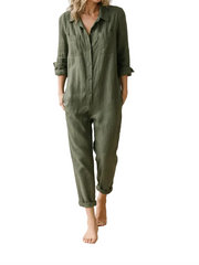 Damen Jumpsuit mit langen Ärmeln, Knopfleiste, Kragen und Brusttaschen – Grün