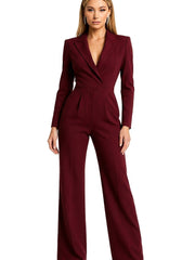 Damen-Jumpsuit mit langen Ärmeln, Reverskragen und weitem Bein – Rot