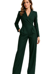 Damen-Jumpsuit mit langen Ärmeln, Reverskragen und weitem Bein – Grün