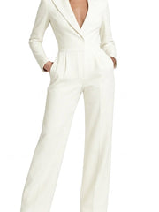 Damen-Jumpsuit mit langen Ärmeln, Reverskragen und weitem Bein – Weiß