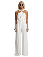 Damen-Jumpsuit mit Neckholder-Kragen, Knotendetail und weitem Bein – Weiß