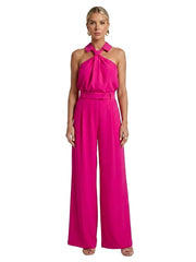 Damen-Jumpsuit mit Neckholder-Kragen, Knotendetail und weitem Bein – Rosa