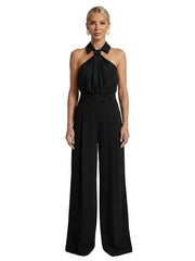 Damen-Jumpsuit mit Neckholder-Kragen, Knotendetail und weitem Bein – Schwarz