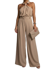 Damen-Jumpsuit mit Neckholder-Kragen, Knotendetail und weitem Bein – Khaki