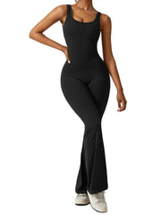 Damen Jumpsuit mit offenem Rücken und ausgestelltem Bein – Schwarz