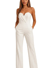 Damen-Jumpsuit mit trägerlosem V-Ausschnitt und weitem Bein – Weiß