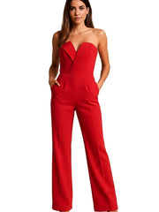 Damen-Jumpsuit mit trägerlosem V-Ausschnitt und weitem Bein – Rot