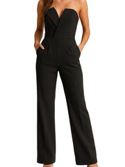Damen-Jumpsuit mit trägerlosem V-Ausschnitt und weitem Bein – Schwarz