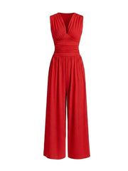 Damen-Jumpsuit mit V-Ausschnitt und weitem Bein – Rot
