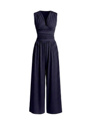 Damen-Jumpsuit mit V-Ausschnitt und weitem Bein – Schwarz