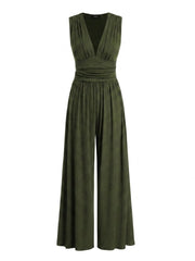 Damen-Jumpsuit mit V-Ausschnitt und weitem Bein – Armeegrün