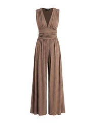 Damen-Jumpsuit mit V-Ausschnitt und weitem Bein – Beige
