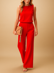 Damen Jumpsuit ohne Ärmel mit Rundhalsausschnitt und weitem Bein – Rot