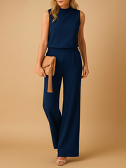 Damen Jumpsuit ohne Ärmel mit Rundhalsausschnitt und weitem Bein – Dunkelblau