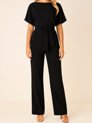 Marie | Damen Jumpsuit Ärmellos Weites Bein Bindegürtel – Schwarz