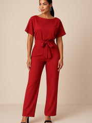 Marie | Damen Jumpsuit Ärmellos Weites Bein Bindegürtel – Rot
