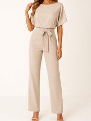 Marie | Damen Jumpsuit Ärmellos Weites Bein Bindegürtel – Beige