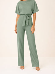 Marie | Damen Jumpsuit Ärmellos Weites Bein Bindegürtel – Grün