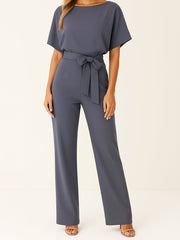 Marie | Damen Jumpsuit Ärmellos Weites Bein Bindegürtel – Grau