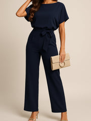 Marie | Damen Jumpsuit Ärmellos Weites Bein Bindegürtel – Marineblau