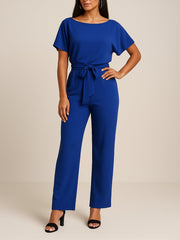 Marie | Damen Jumpsuit Ärmellos Weites Bein Bindegürtel – Blau
